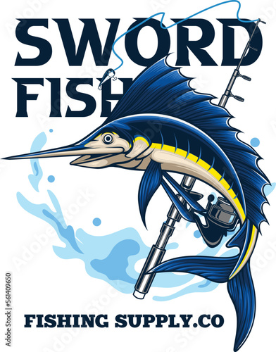 vector of vintage t-shirt design of swordfish fishing