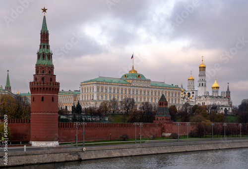 The Grand Kremlin Palace, the Blagoveshchenskaya and Vodovzvodnaya Towers of the Kremlin Wall and the ensemble of the Kremlin Cathedral Square from the embankment of the Moskva River, Moscow, Russia