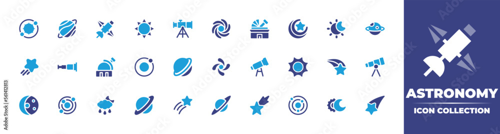 Astronomy icon collection. Duotone color. Vector illustration. Containing astronomy, satellite, sun, day and night, black hole, moon, saturn, star, spyglass, observatory, planet, galaxy, and more.