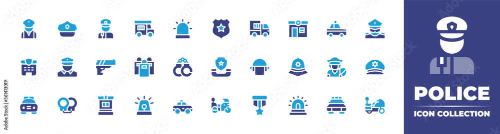 Police icon collection. Duotone color. Vector illustration. Containing police, police hat, police van, siren, police badge, police station, automobile, policeman, gun, riot police, and more.