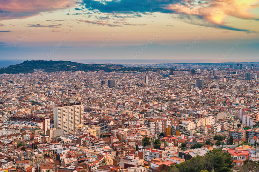 Barcelona Spain, high angle view sunset city skyline from Bunkers del Carmel