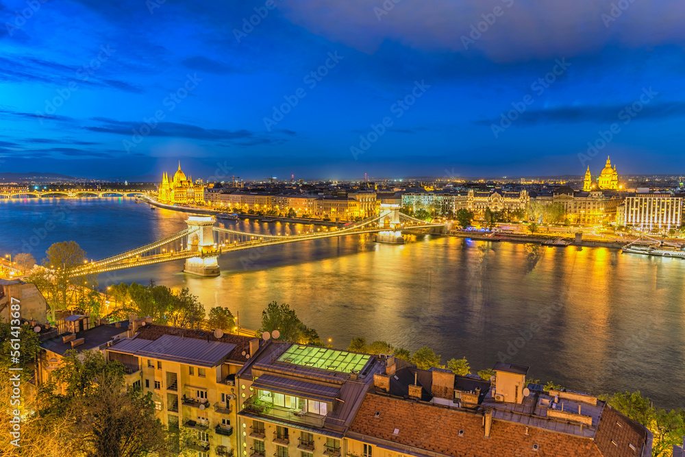 Budapest Hungary, city skyline night at Danube River with Chain Bridge and Hungarian Parliament