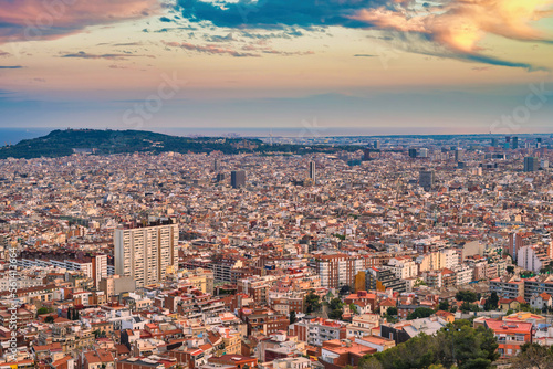 Barcelona Spain, high angle view sunset city skyline from Bunkers del Carmel