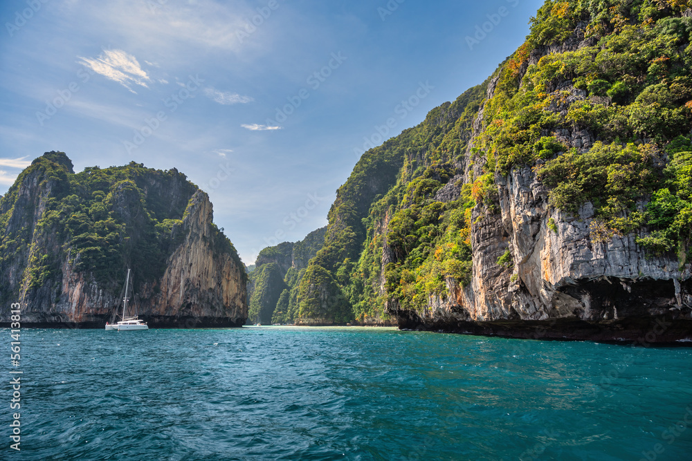 Tropical islands view with locean blue sea water at Phi Phi Islands, Krabi Thailand nature landscape
