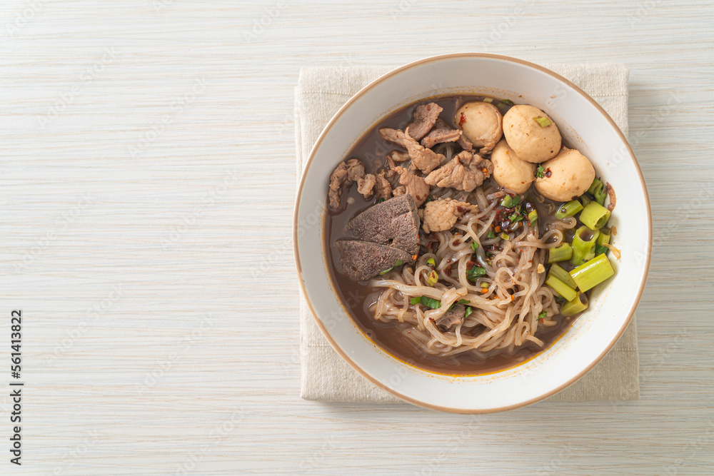 Thai noodle with pork, stewed pork, meatball and pork liver in blood soup Thai noodle with pork, stewed pork, meatball and pork liver in blood soup