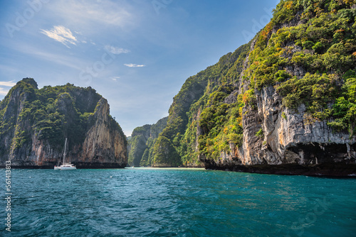 Tropical islands view with locean blue sea water at Phi Phi Islands, Krabi Thailand nature landscape