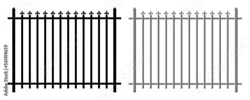 Classic wrought iron fence with peaks on transparent background png; shod metal railing, barrier with decorative elements; isolated, cartoon, clipart, graphic