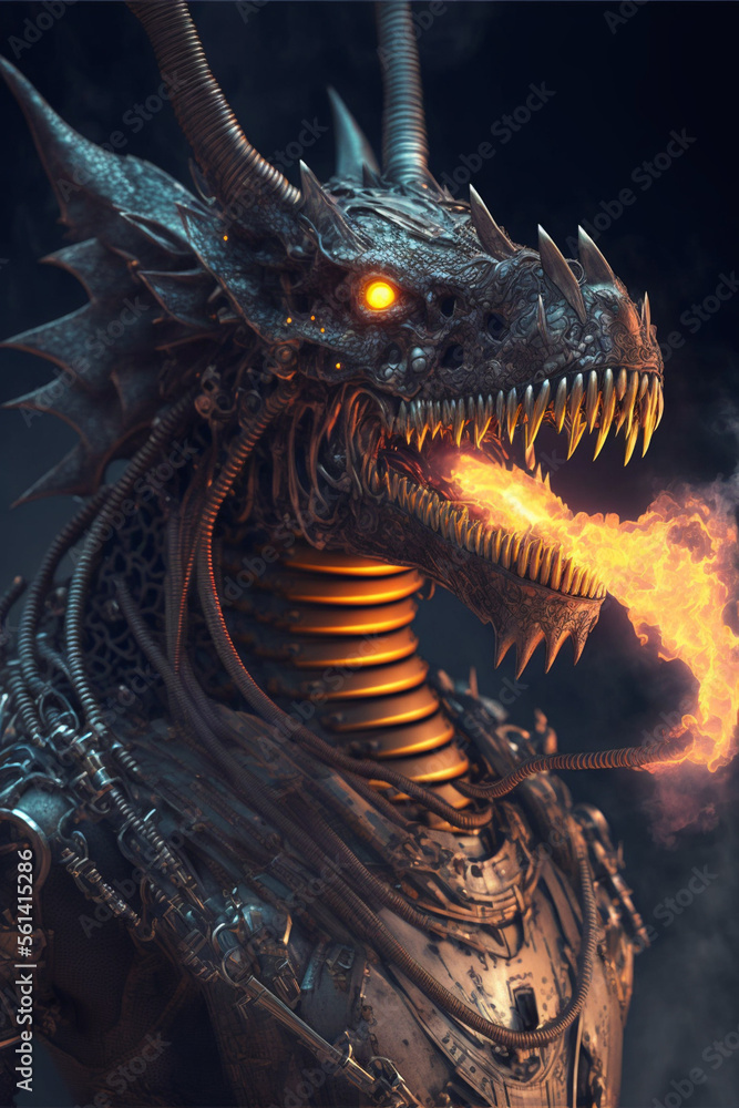 Fototapeta premium robotic fire breathing dragon night