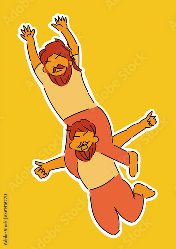 肩車をしている男性2人の手描きイラスト