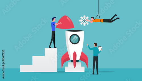 collaboration or cooperate to develop startup company, business teamwork and innovation idea, starting a new business project together
