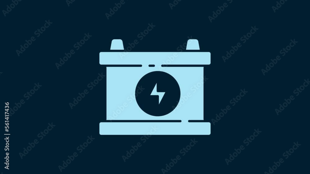 White Car battery icon isolated on blue background. Accumulator battery energy power and electricity accumulator battery. 4K Video motion graphic animation White Car battery icon isolated on blue background. Accumulator battery energy power and electricity accumulator battery. 4K Video motion graphic animation