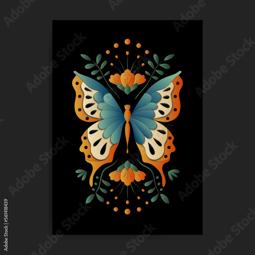 Retro color stylized butterfly with plant and flower decoration