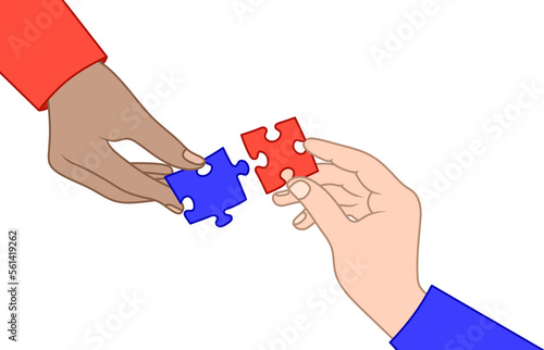Hands with a puzzle. Illustration of collecting puzzles with hands. Teamwork.