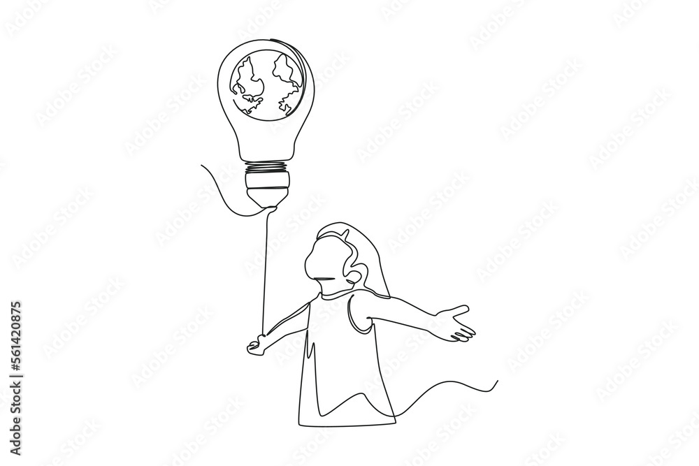 Obraz premium Continuous one line drawing happy little girl holding a light bulb in her hand. Earth hour concept. Single line draw design vector graphic illustration.