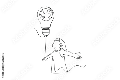 Continuous one line drawing happy little girl holding a light bulb in her hand. Earth hour concept. Single line draw design vector graphic illustration. © klikline