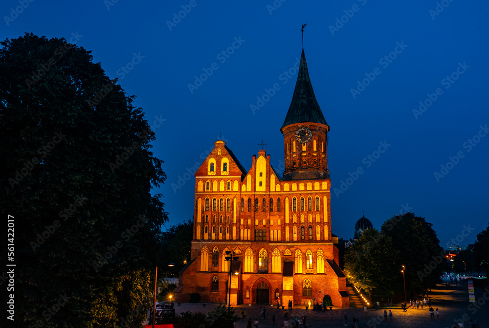 night view of Kaliningrad cathedral, summer night with illumination