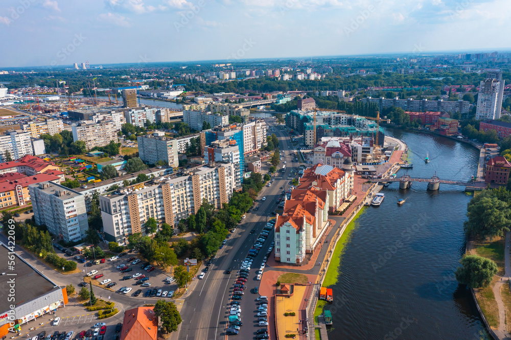 View of the island of Kaliningrad with canals, central part with a town hall, beautiful parks, drone view
