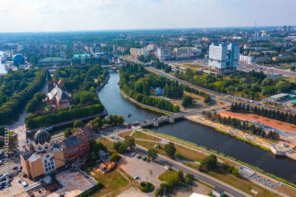 Fototapeta premium Aerial cityscape of Kant Island in Kaliningrad, Russia at sunny summer day