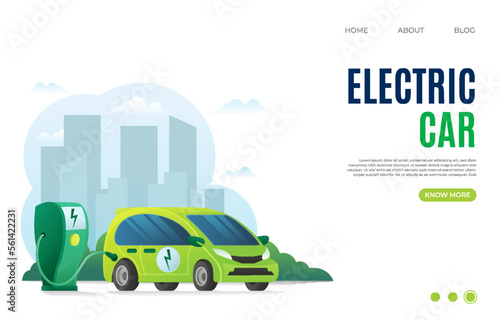 Electric car charging station, solar energy, electric vehicle and city background, future innovative technology and alternative save energy concept. Web banner, landing page. Vector illustration