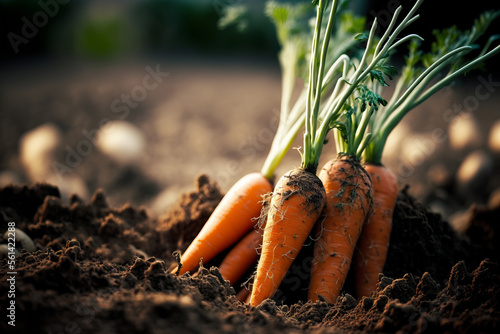 Freshly picked carrots on the soil in a field of a farm, agriculture and vegetables farming concept, generative AI