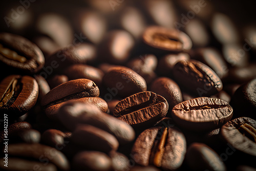 Closeup of natural roasted coffee bean, ingredient for espresso and cappuccino, AI generative background illustration.