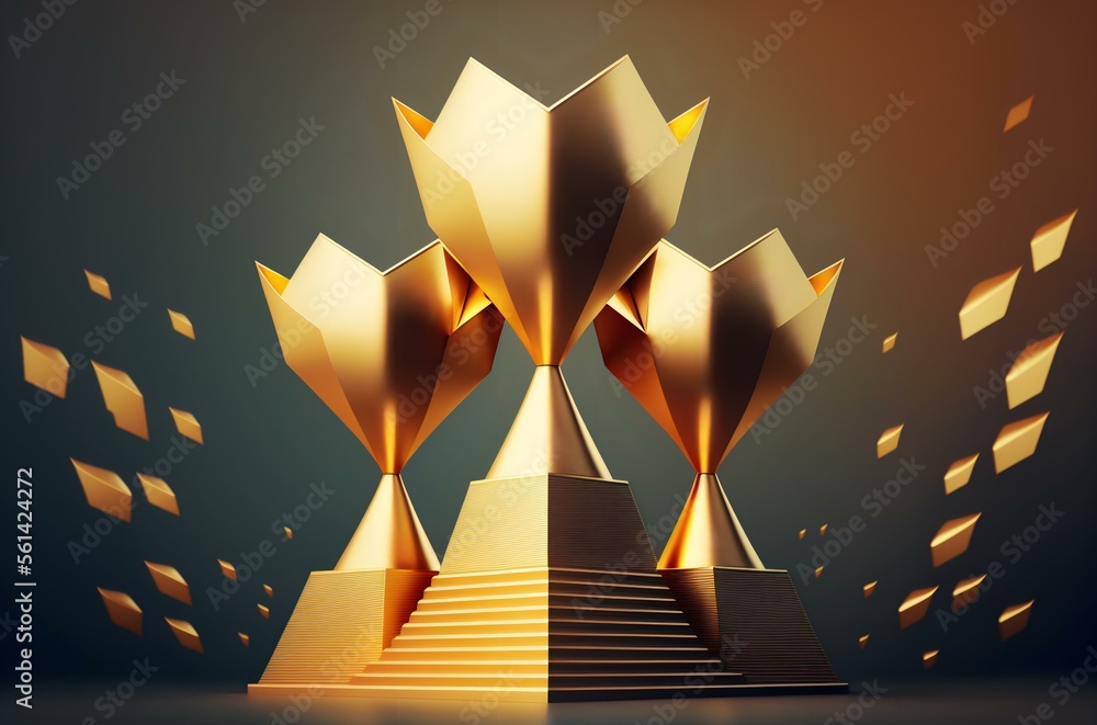 Φωτογραφία group of 3D rendered golden trophies, symbolising the pinnacle of success in bus
