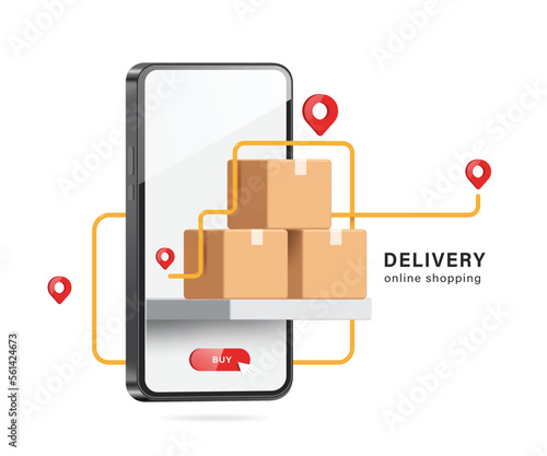 Tela A GPS route with a pin to locate delivery location runs around parcel boxes plac