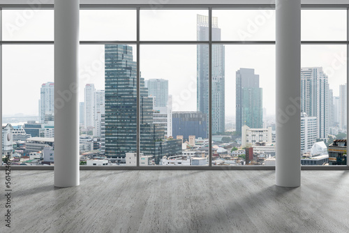 Empty room Interior Skyscrapers View Bangkok. Downtown City Skyline Buildings from High Rise Window. Beautiful Expensive Real Estate overlooking. Day time. 3d rendering.