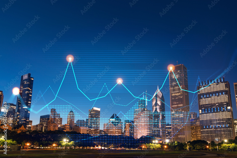 Skyscrapers Cityscape Downtown View, Chicago Skyline Buildings. Beautiful Real Estate. Night time. Forex Financial graph and chart hologram. Business education concept.