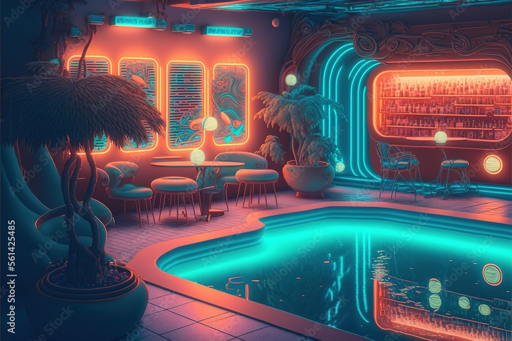 Obraz premium Surreal retro-future pool lounge with neon signs and cocktails.Generative AI