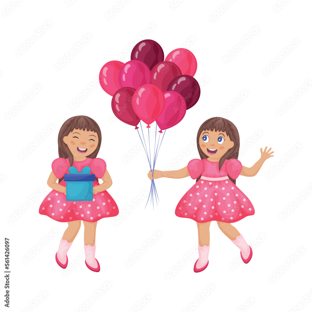 Twin girls congratulate each other on their birthday. Girls with gifts and balloons. Cute girls in cartoon style with gifts. Vector illustration