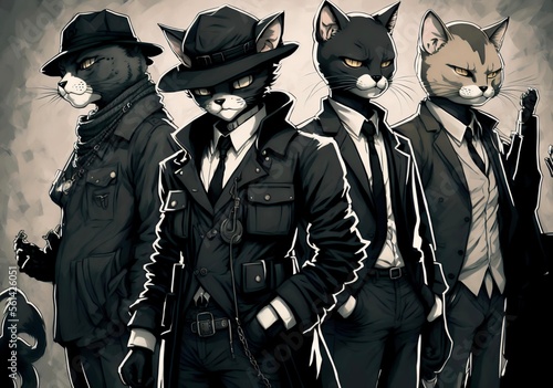photo of a group of cat characters dressed in gangster clothing and accessories, representing the idea of a cat gang or crew in an anime or manga style (AI)