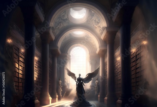  photo of a grand, elegant library filled with light and an angelic presence, representing the idea of a library of angels (AI)