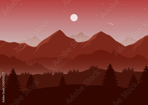 Realistic mountains landscape vector illustration. Pine forest and mountain red silhouettes background.