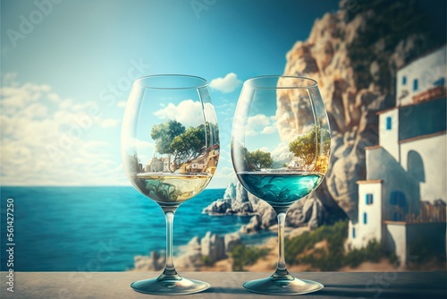 Two wineglass reflecting a vacation beach landscape (generative ai)