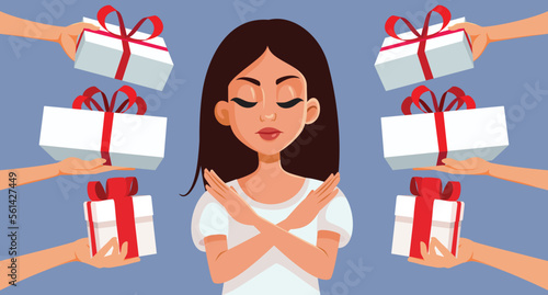 Single Woman Refusing Advances and Gifts Vector Cartoon Illustration. Upset girl rejecting the presents from her many admirers 
