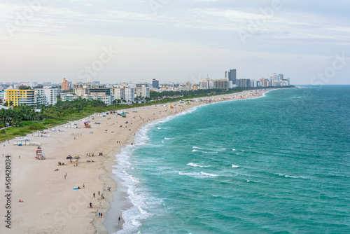 Miami beach coastline on the sunset sky