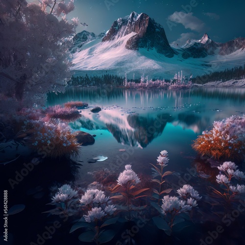 snow forest with icy lake and mountain