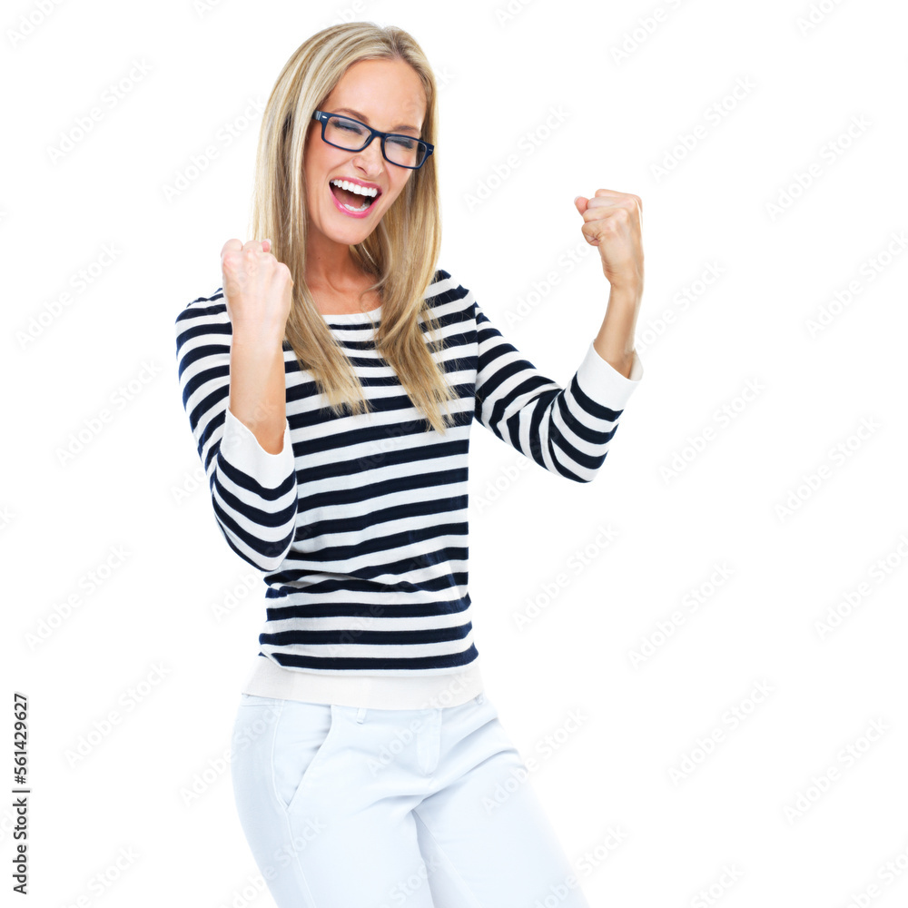 Woman, winner and success with fist for celebration, yes and champion isolated on white background. Achievement, growth and development with happy woman, celebrate and fist pump mockup with winning Woman, winner and success with fist for celebration, yes and champion isolated on white background. Achievement, growth and development with happy woman, celebrate and fist pump mockup with winning