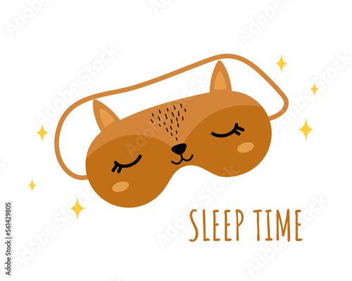 Sleep mask with cute fox. Eye protection accessory with animal. Nightwear for sleeping, dreaming and relaxation. Sleep time. Funny pajama element. Vector illustration in flat cartoon style.