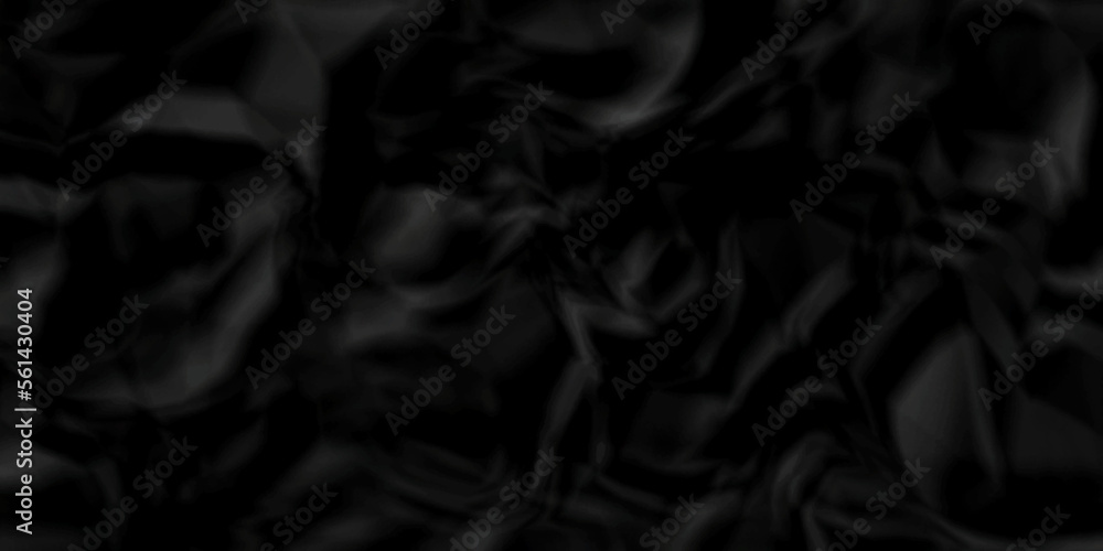 Fototapeta premium Dark Black facbric paper backdrop crumpled texture. dark black textured crumpled black paper background. panorama black paper texture background, crumpled pattern.