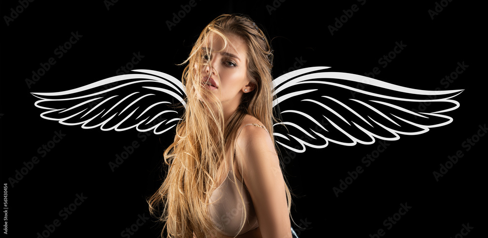 Sexy angel with wings. Valentines day wide photo banner for website header  design. Beautiful woman with shiny hair. Beauty face of young girl. Sexy  female model posing in studio. foto de Stock