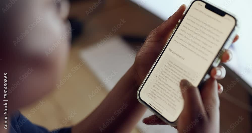 Smartphone, person reading contract and hands scroll with screen zoom and digital legal document with information Technology, communication and employee deal with human resources and mobile phone