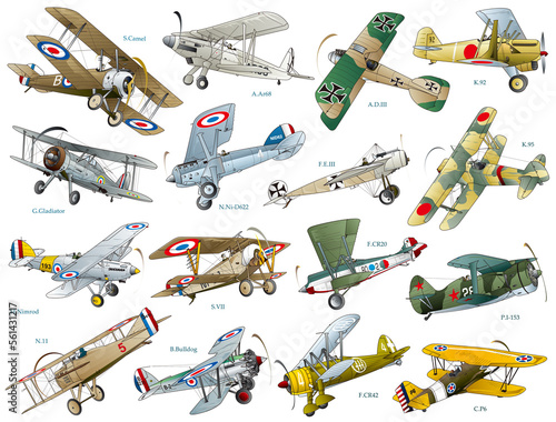 Fotobehang 16 types of world-famous early period biplane fighter illlustration set