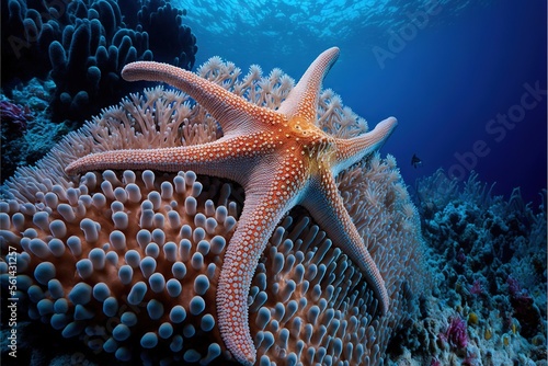 Fotografie, Obraz a starfish on a coral reef in the ocean with a blue background and a coral reef in the foreground with a diver in the background and a blue sky with a few clouds