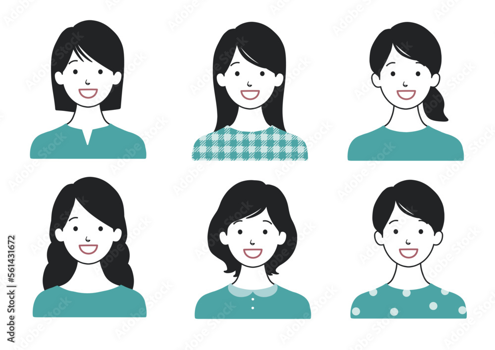 笑顔の女性アイコンセット 髪型色々バリエーション 緑B