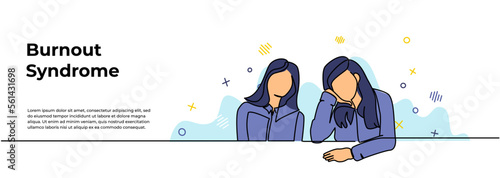 Burnout Syndrome Web Banner. Vector illustration of two sad and limp looking girls. Modern flat in continuous line style.