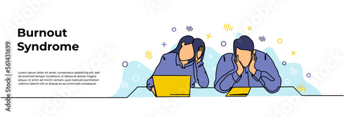 Work Burnout Syndrome Web Banner. Vector illustration of male and female workers looking limp at their desks. Modern flat in continuous line style.