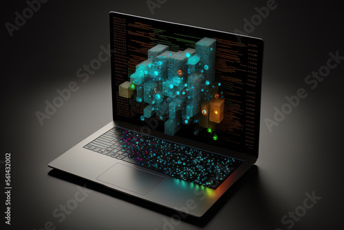 Online data concept  Futuristic illustration of a laptop showing science and data on the screen on dark background. Generative ai