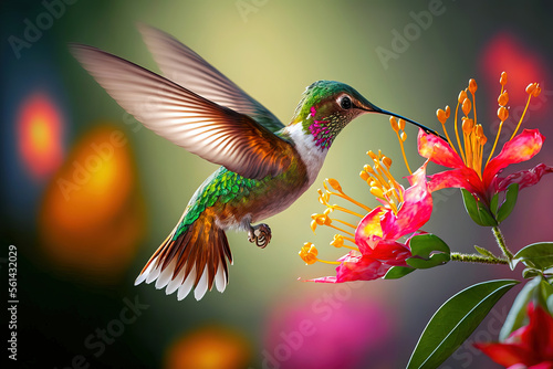 Fotografia Hummingbird flying to pick up nectar from a beautiful flower